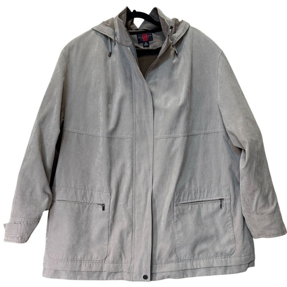 Gallery Woman Taupe Grey Faux Suede Hooded Full Zip Jacket Plus‎ Size 2X